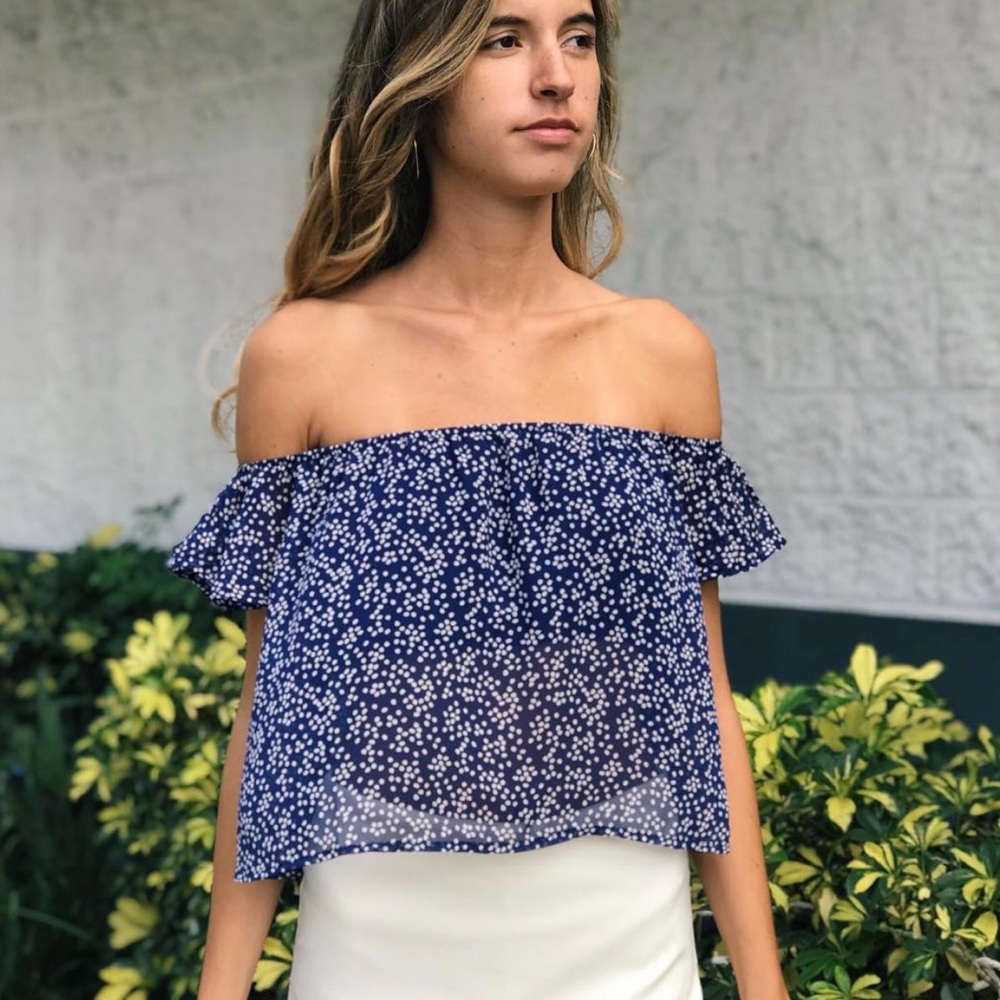 Sage The Label | Dark Blue Speckle Print Off the Shoulder Crop Top